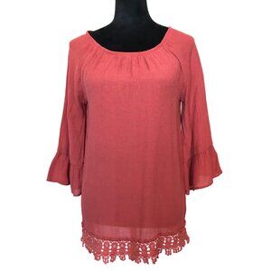 VTG Db Established 1962 Gauze Peasant Blouse Bell Sleeves Crocheted Lace, Rust M